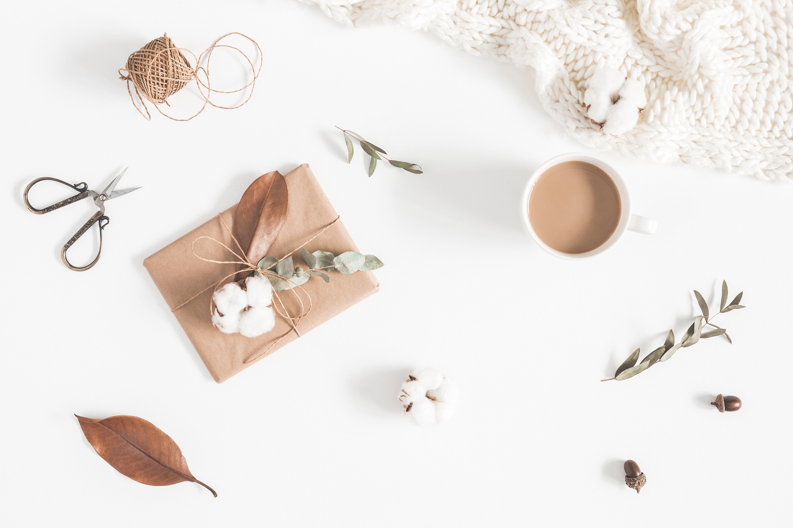 Coffee, gift, autumn leaves, knitted blanket. Flat lay, top view